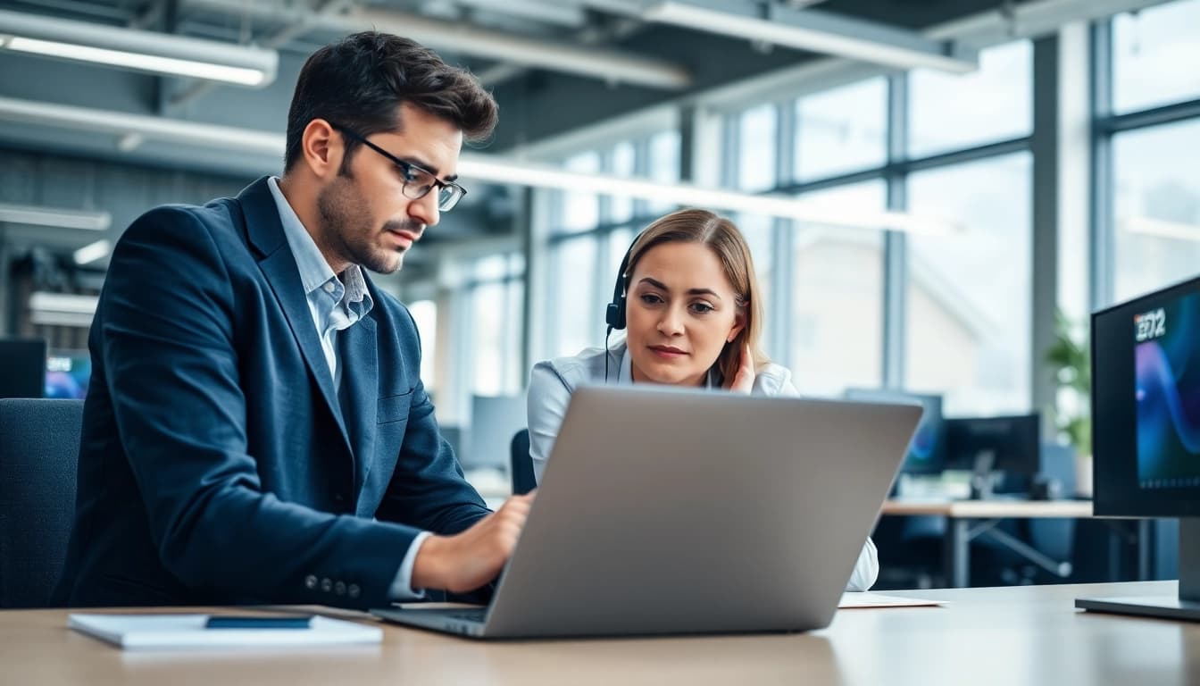 IT Support technician assisting clients in a modern office environment.
