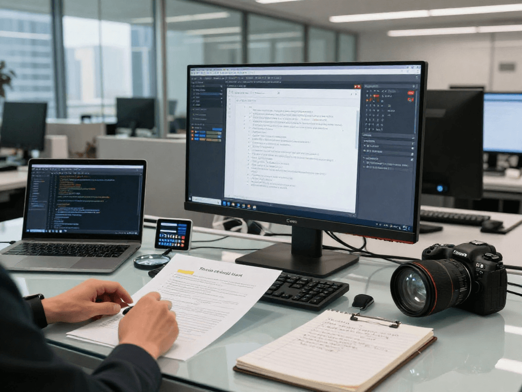 Document fraud detection analysis with forensic expert examining highlighted alterations and validation tools in a modern office.
