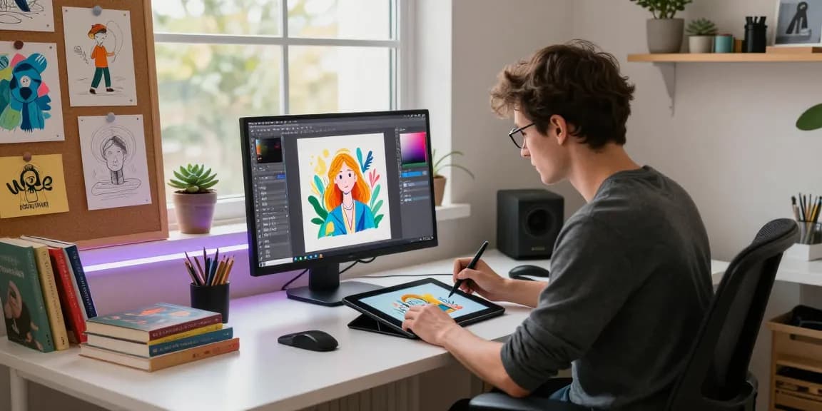 Digital artist creating vibrant illustrations with an nsfw ai image generator in a modern, inspirational workspace.