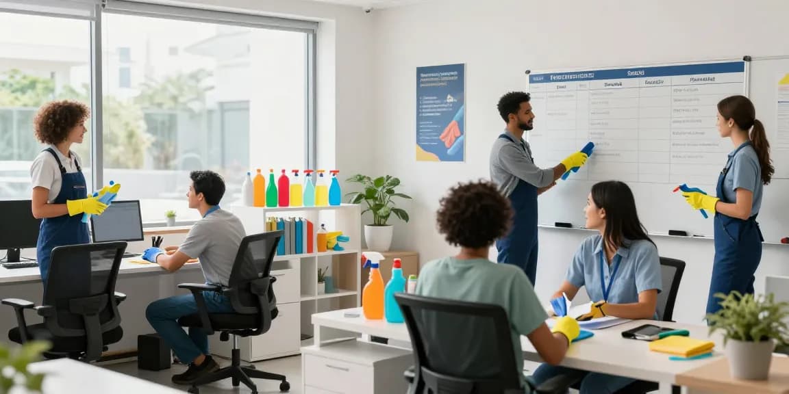 A vibrant office scene at putzinstitut bern depicting a diverse team collaborating on cleaning service solutions.