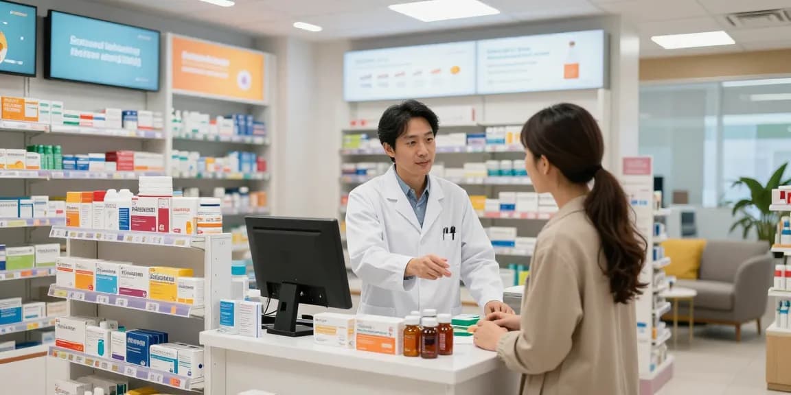 Beratungsszene im Selliza Pharma Shop mit Apotheker und Kunde in freundlicher Atmosphäre.