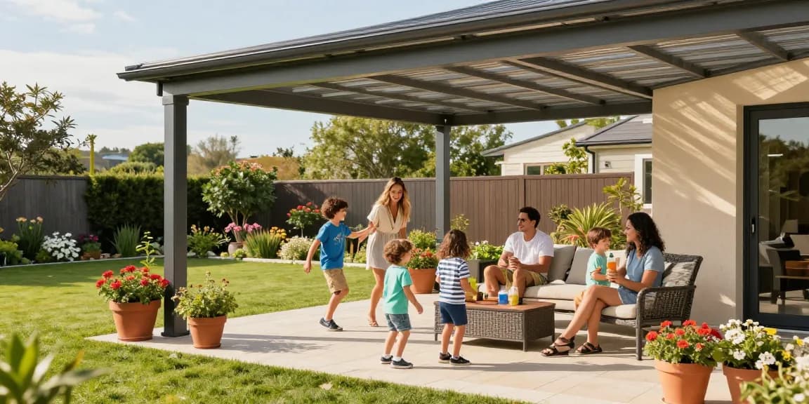 Moderne Terrassenüberdachung mit Familie, die sonnigen Nachmittag genießt.