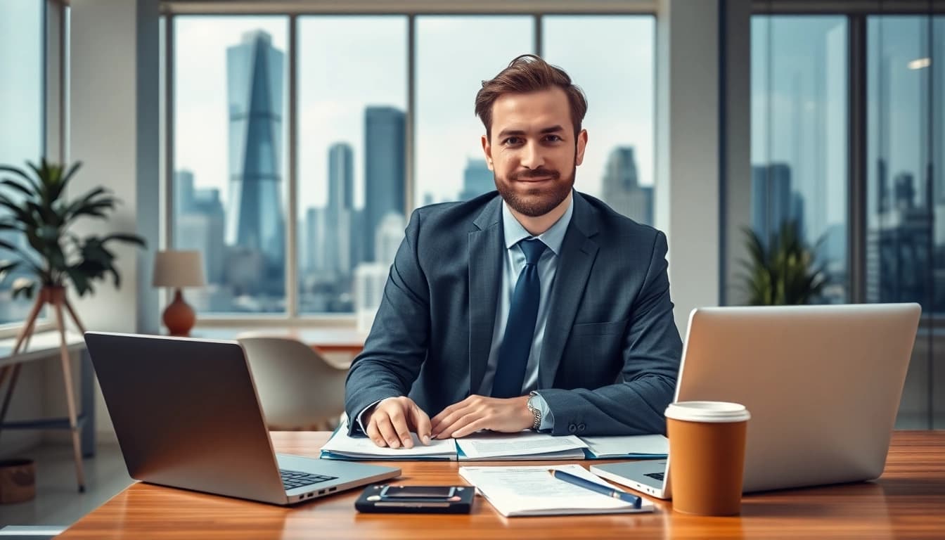Headhunter Ingenieure wird in einem modernen Büro mit Skyline sichtbar und fängt seine Professionalität ein.