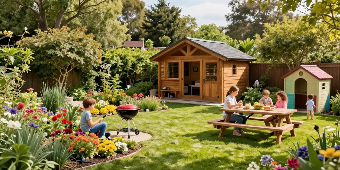 Holz-Gartenhäuser im blühenden Garten mit Familie beim Grillen.