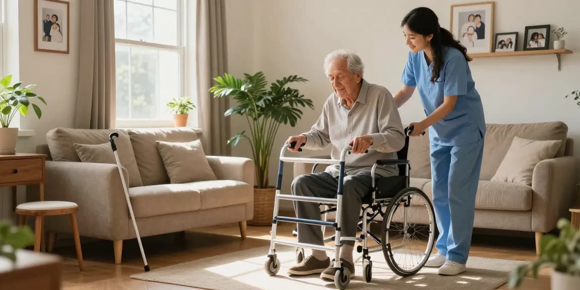 Buy nobility aids featuring an elderly person using a mobility aid for independence in a warm living room.