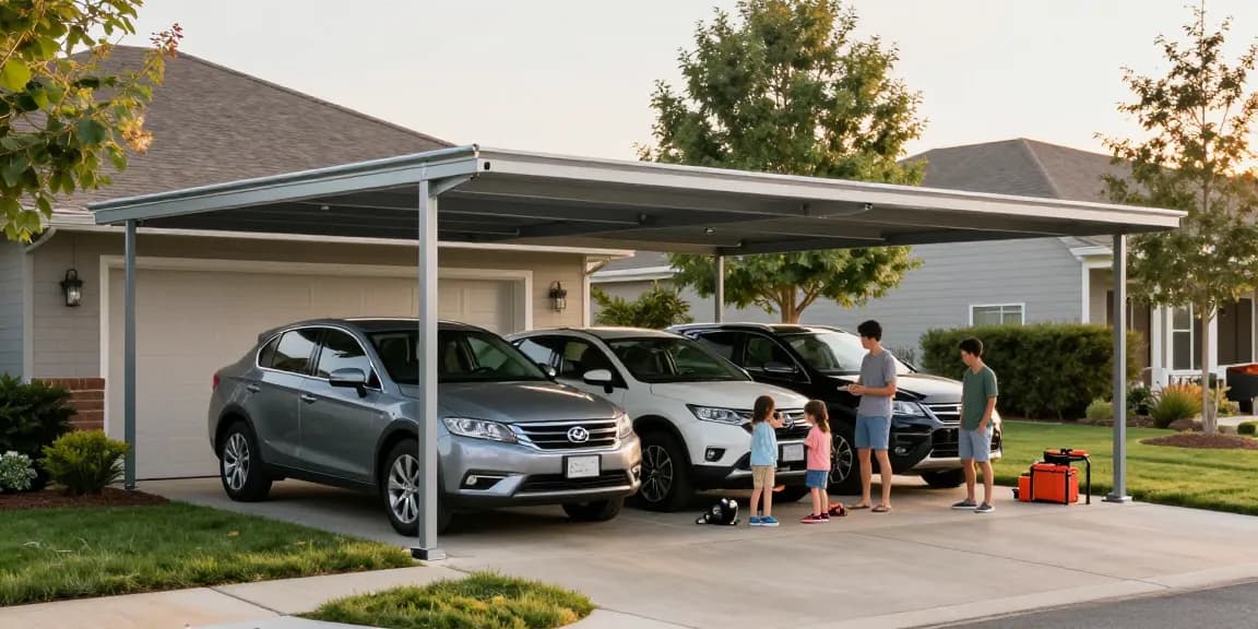 Moderne Carport-Struktur schützt Fahrzeuge vor Witterungseinflüssen in einer einladenden Nachbarschaft.