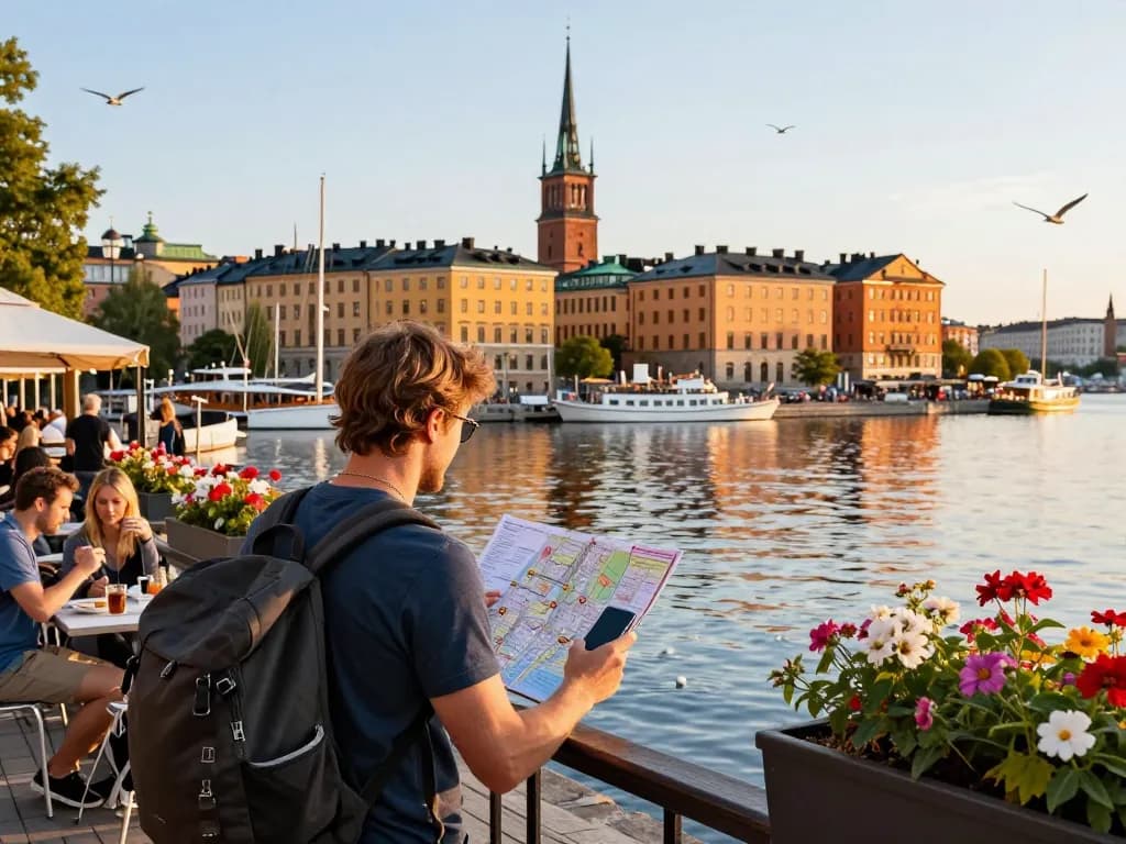 Reisetipps Stockholm: Reisender erkundet Gamla Stan mit einer Karte und genießt die malerische Uferpromenade.