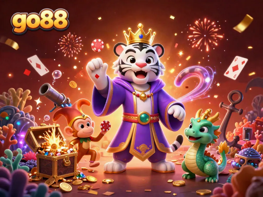 Engage with go88's dynamic gaming atmosphere featuring vibrant characters amid luxurious casino elements.