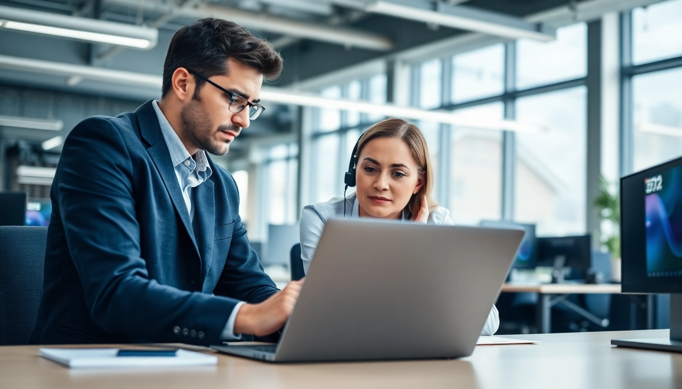 IT Support technician assisting clients in a modern office environment.