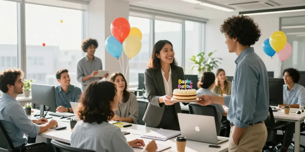 Professionele verjaardagswensen voor een collega tijdens een vrolijke verjaardagsscène op kantoor.
