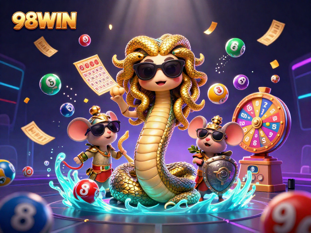 Engage with 98WIN's vibrant gaming scene featuring dynamic lottery elements and captivating characters.