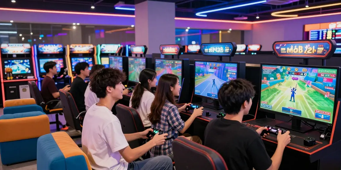 Gamers enjoying multiplayer excitement at https://b52club.radio.fm/ with vibrant arcade atmosphere.