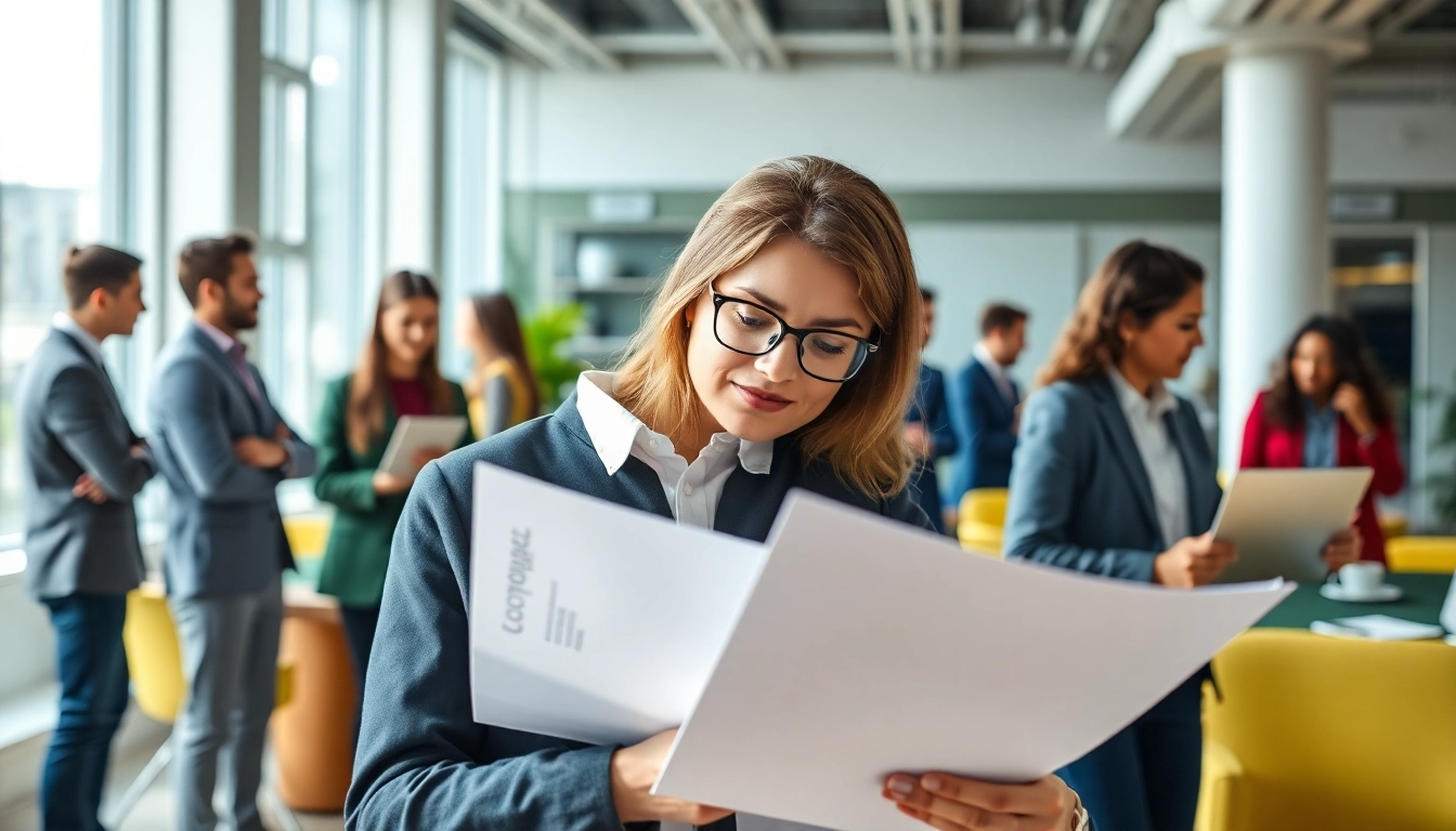 Headhunter IT in a collaborative office environment reviewing resumes with a diverse team.