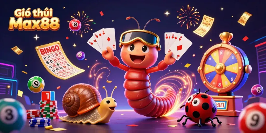 Engage with the lively world of Giới thiệu Max88, showcasing energetic characters and vibrant lottery elements.