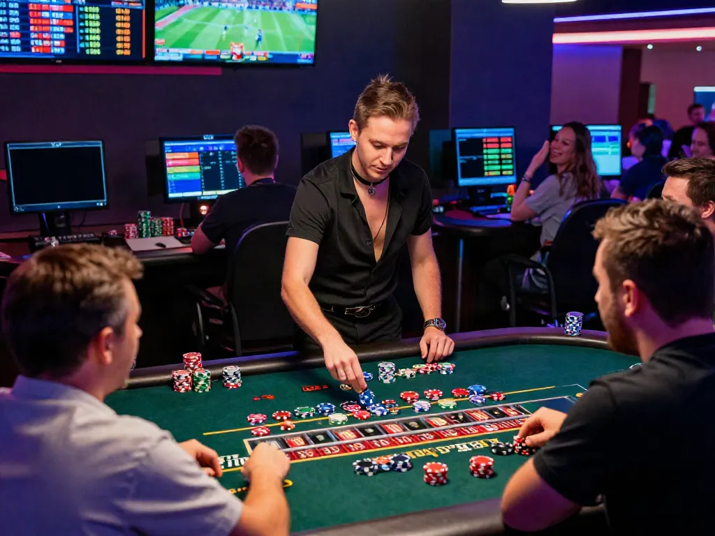 Players enjoying the dynamic live casino experience at FC88, showcasing a vibrant atmosphere with tables and digital betting displays.