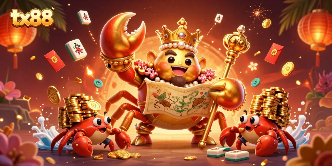 Experience the thrill of tx88 gambling with a cartoon crab emperor surrounded by treasures and festive elements.