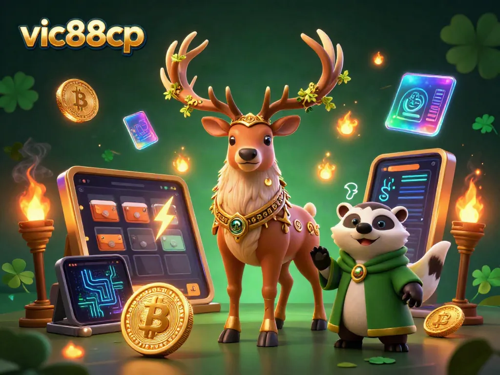 Experience the thrilling world of vic88cp with vibrant characters and exciting crypto elements in this casino-themed illustration.