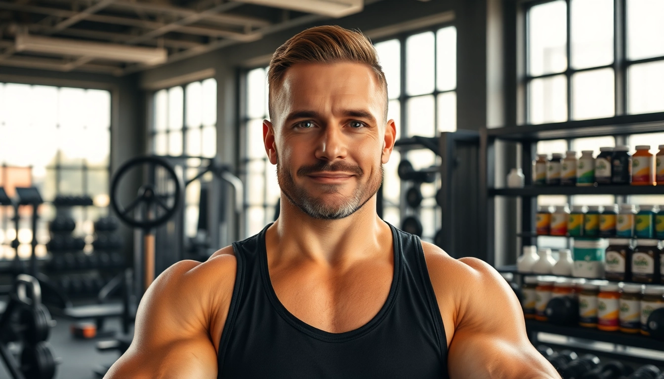 Proviron kaufen: Ein motivierter Fitnesscoach in einem modernen Gym mit Supplements.