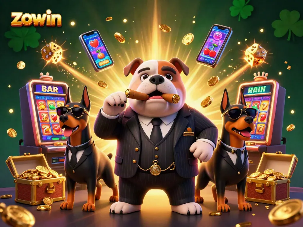 Zowin players enjoying a vibrant casino atmosphere with slot machines and a cartoon bulldog boss.