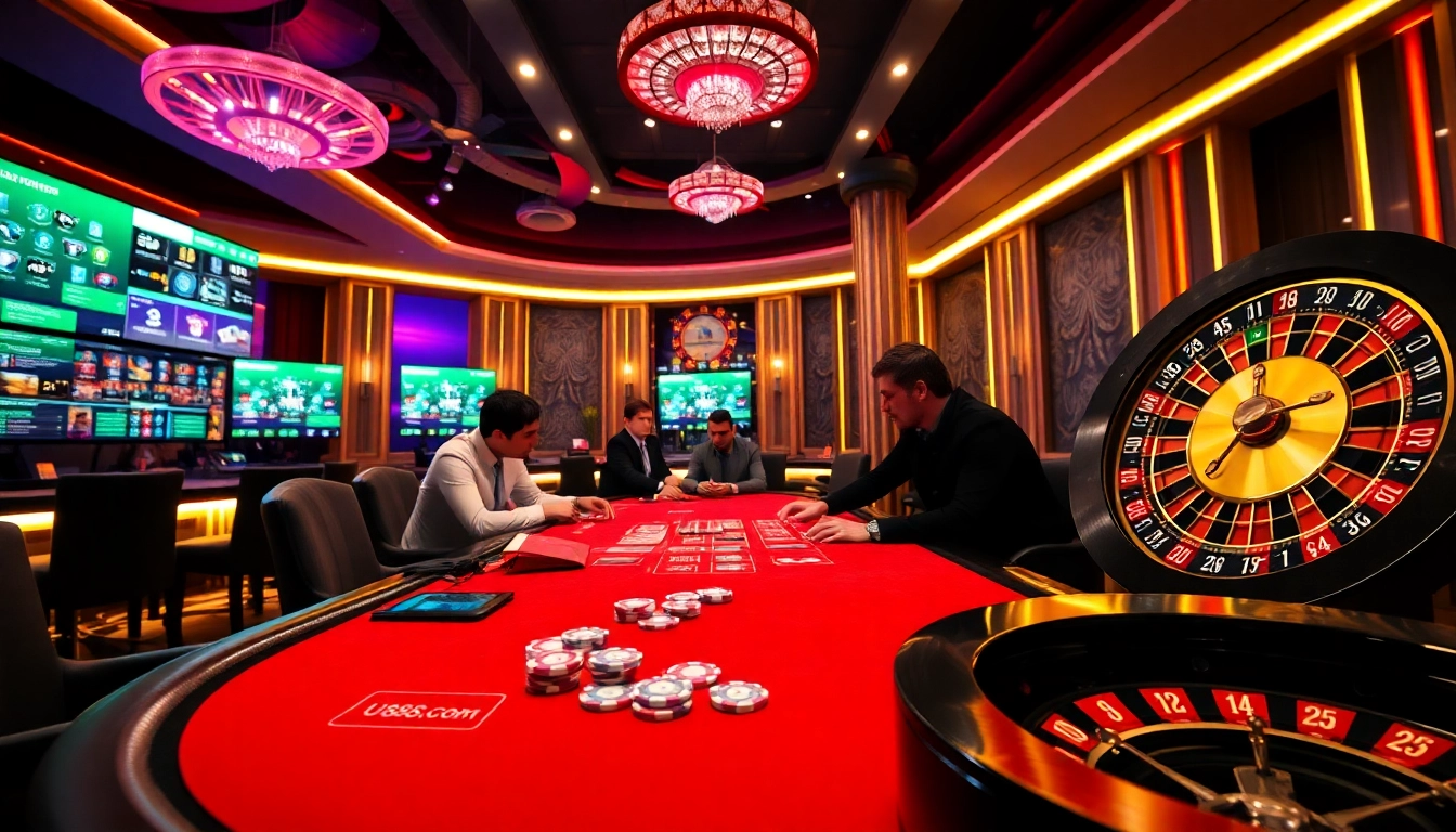 A thrilling poker game at U888 com casino featuring professional players and vibrant casino elements.