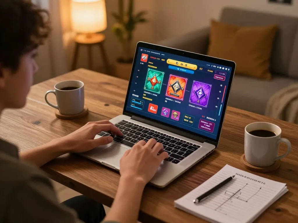 Engaging in LC88 Đăng nhập on a laptop in a cozy home setup, displaying gaming strategy notes.
