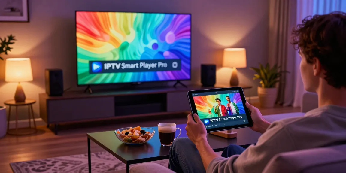 Ein Nutzer nutzt den IPTV Smart Player Pro auf einem Tablet in einem modernen Wohnzimmer.