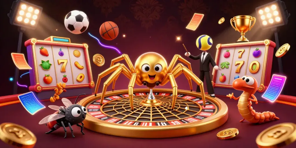 Experience the thrilling spin of YD88 with a 3D spider and centipede dealer in a vibrant casino scene.