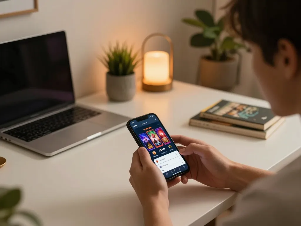 Kkwin user enjoying mobile casino game on smartphone in a cozy home setting