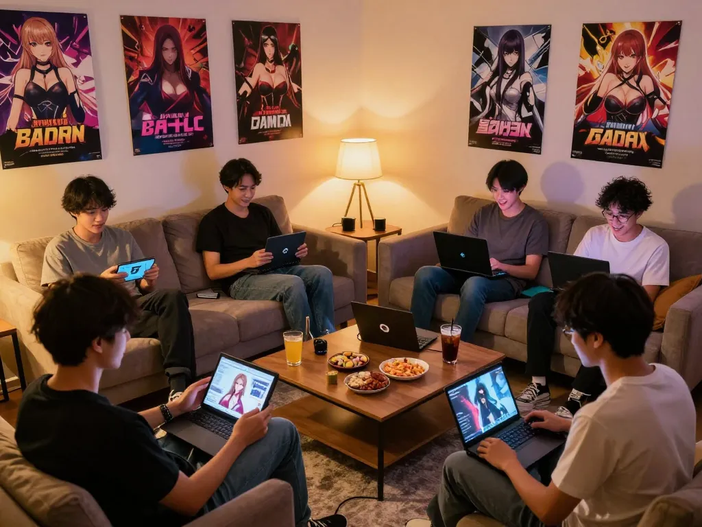 Players enjoying online porn games in a cozy gaming setup, showcasing diverse interactions and vibrant adult game themes.