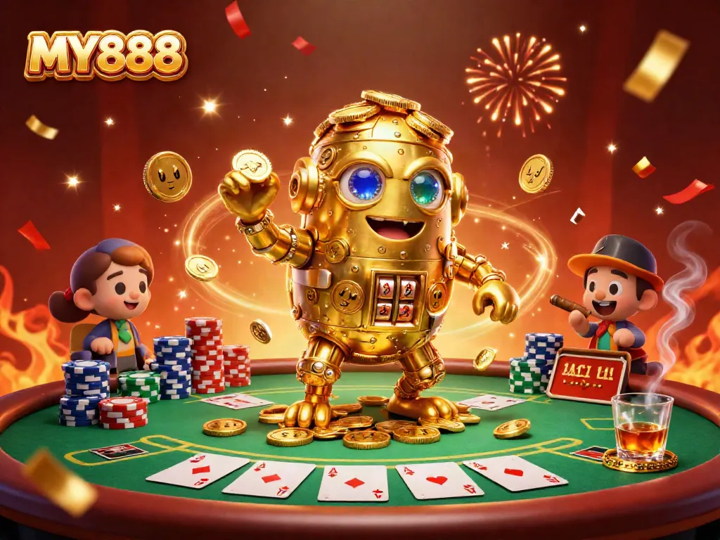 Experience thrilling gameplay at MY888 with a golden golem, poker action, and festive atmosphere.