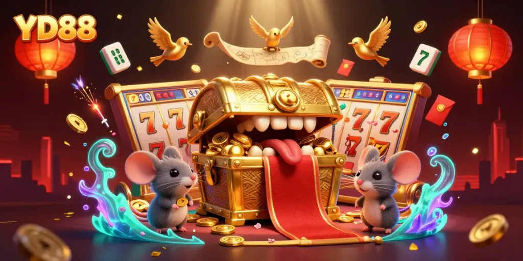 Engage with the dynamic YD88 online casino scene featuring a treasure chest and slot gaming elements.