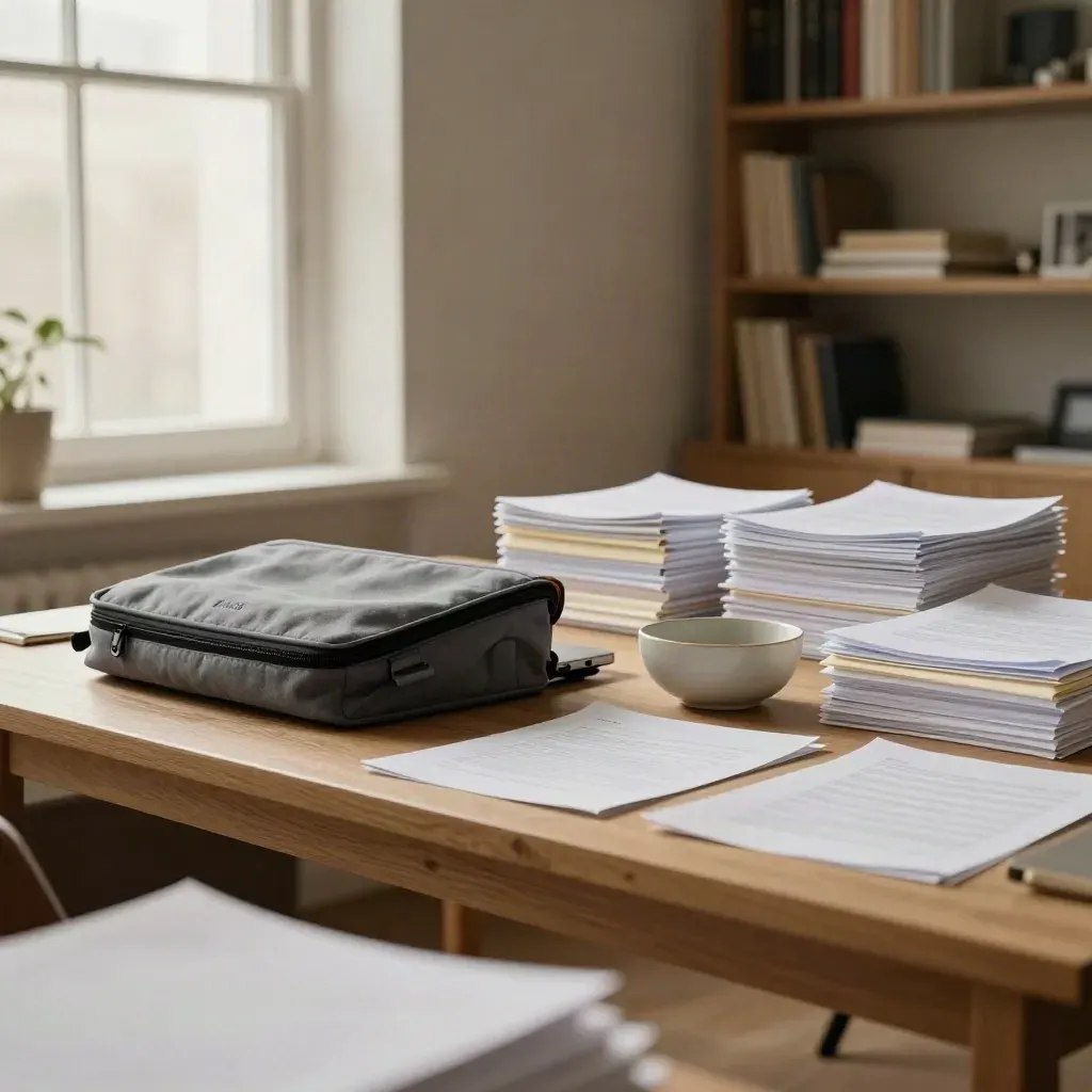 Langer Redaktionsschreibtisch mit Papierstapeln, geschlossener Laptoptasche und Keramikschale im Morgenlicht.