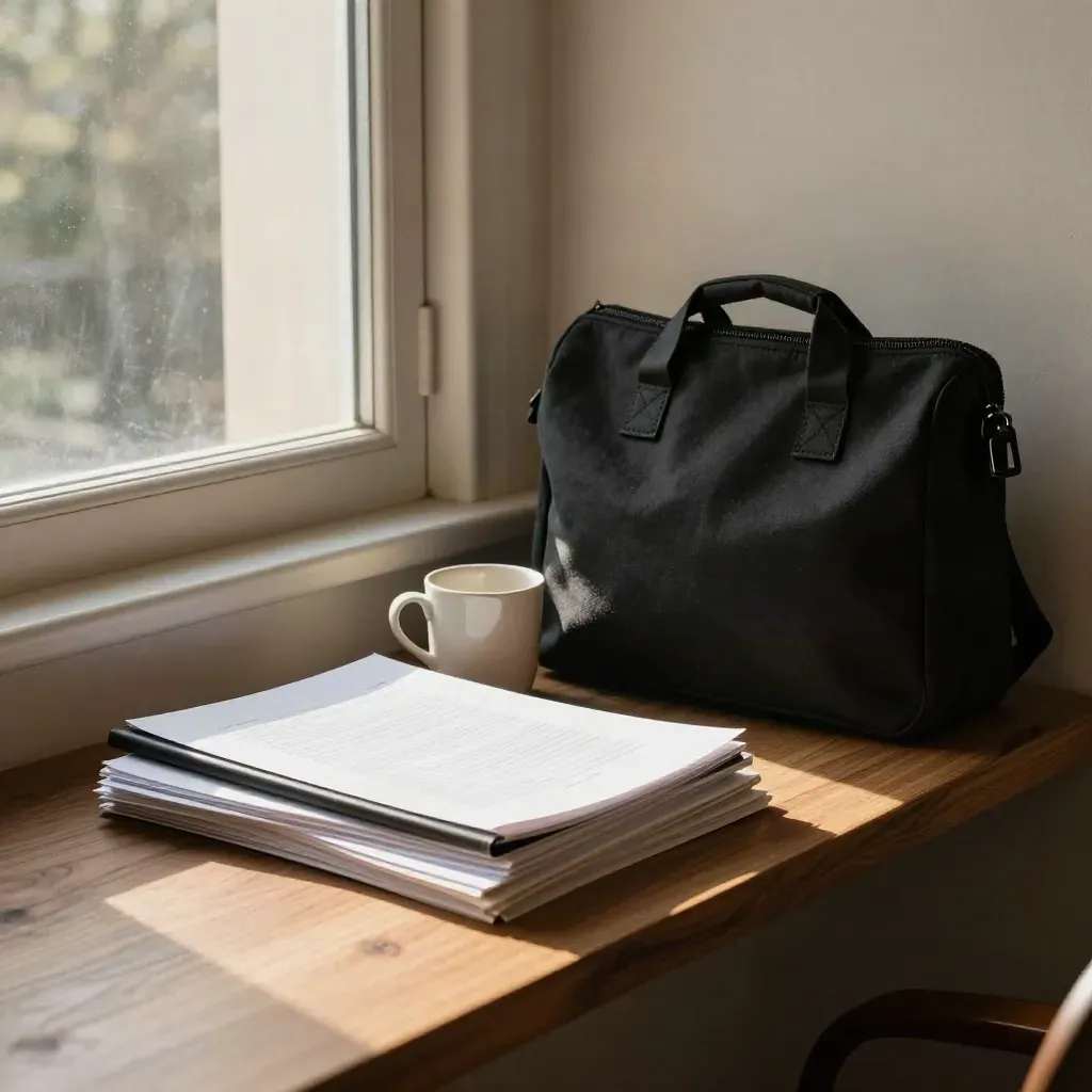 Helle Home-Office-Ecke mit Manuskriptstapel, geschlossener Mappe, Tasse und Tasche am Fenster