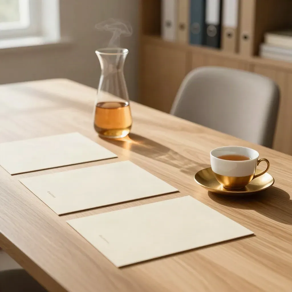 Drei Karten, Teekanne, Tasse und zurückgeschobener Stuhl am Besprechungstisch.