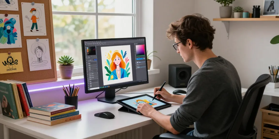 Digital artist creating vibrant illustrations with an nsfw ai image generator in a modern, inspirational workspace.