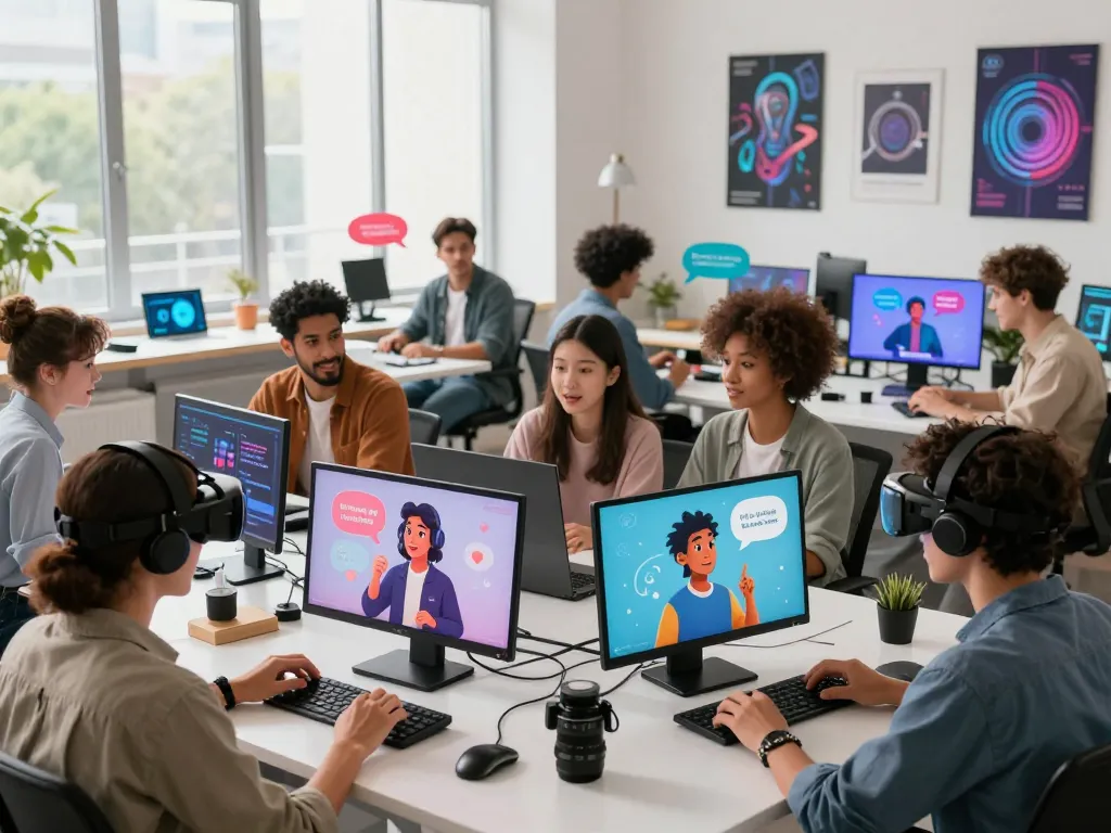 Engaging scene of users interacting with character AI NSFW applications in a modern tech workspace, showcasing vibrant communication.
