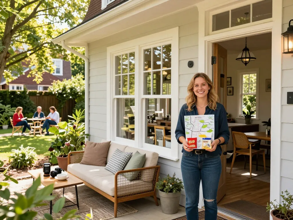 Airbnb management Reading featuring a welcoming host at a stylish property entrance, embodying friendly hospitality.