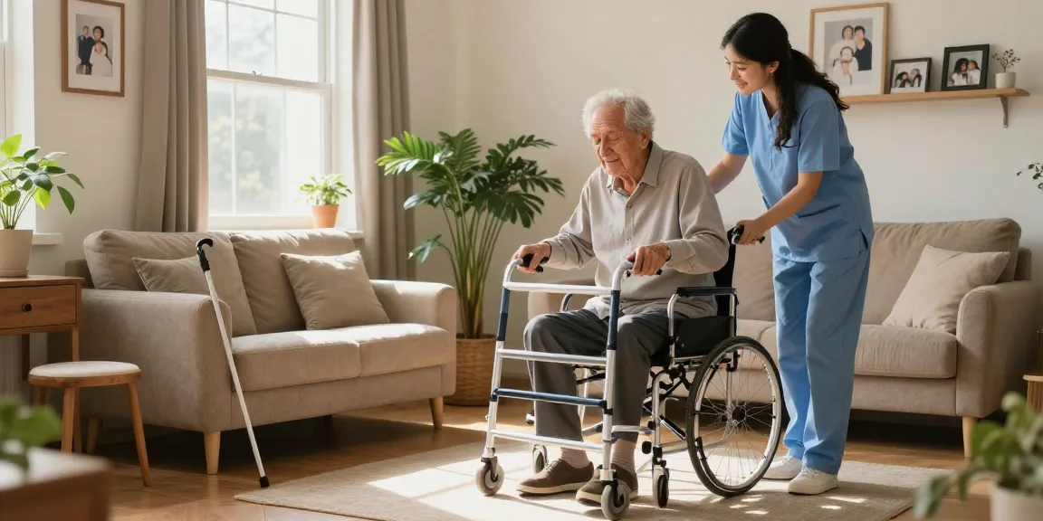 Buy nobility aids featuring an elderly person using a mobility aid for independence in a warm living room.