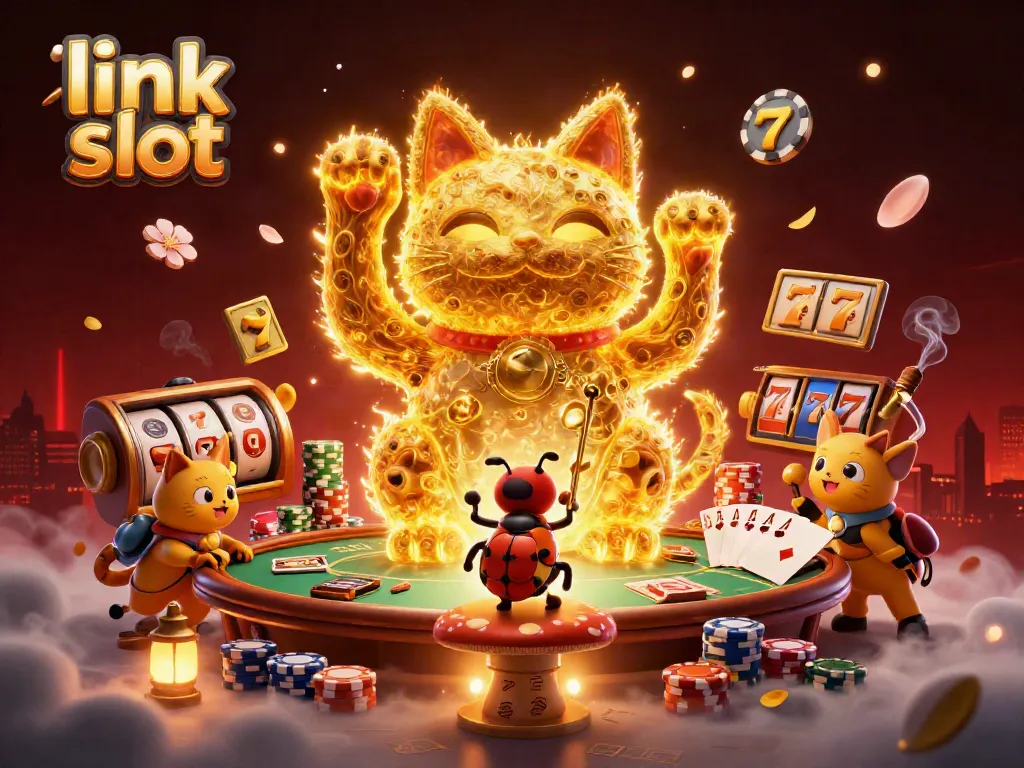 Engage with the link slot experience in a vibrant 3D scene featuring dynamic casino elements and characters.