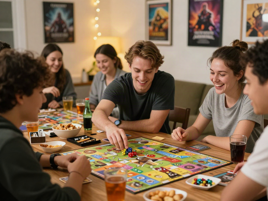Excited friends enjoying rokok88 gaming night with dice and snacks.