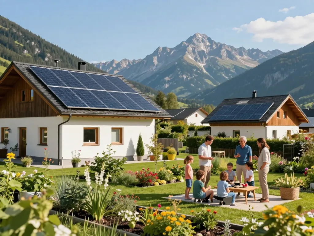 Photovoltaik Bayern - Familie diskutiert über Solarenergie im nachhaltigen bayerischen Hausgarten.