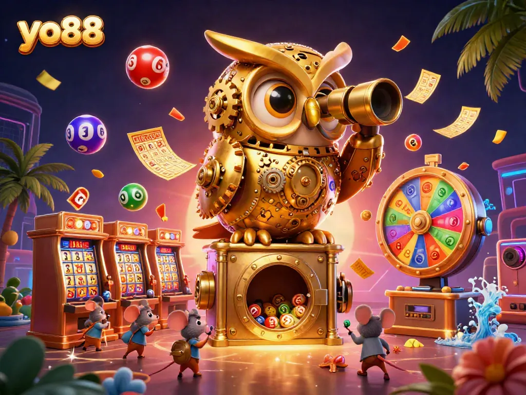 Engage with the thrilling games at yo88 as a golden owl oversees the vibrant casino floor.