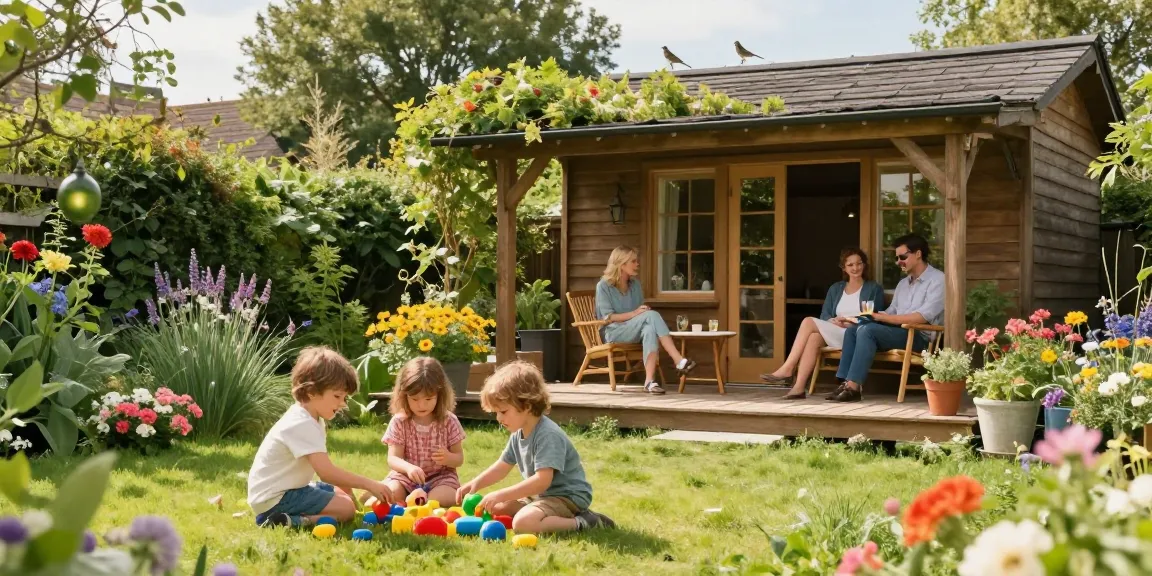 Gartenhaus kaufen: Familie genießt Zeit im Gartenhaus umgeben von blühenden Blumen und einer einladenden Atmosphäre.