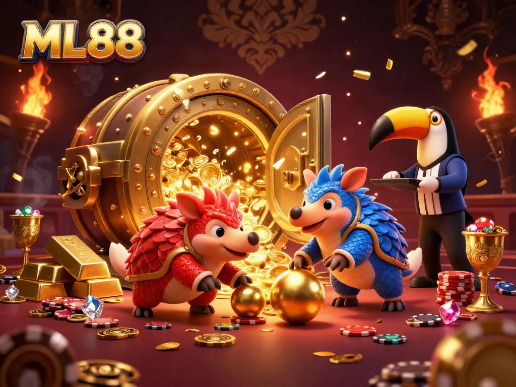 Experience the thrilling gaming excitement at ML88 with a vibrant casino scene featuring playful pangolins and dazzling rewards.