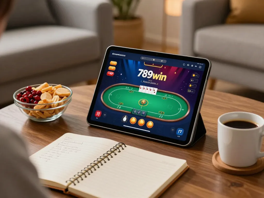 Enjoying a poker game on the 789win app in a cozy home setting.