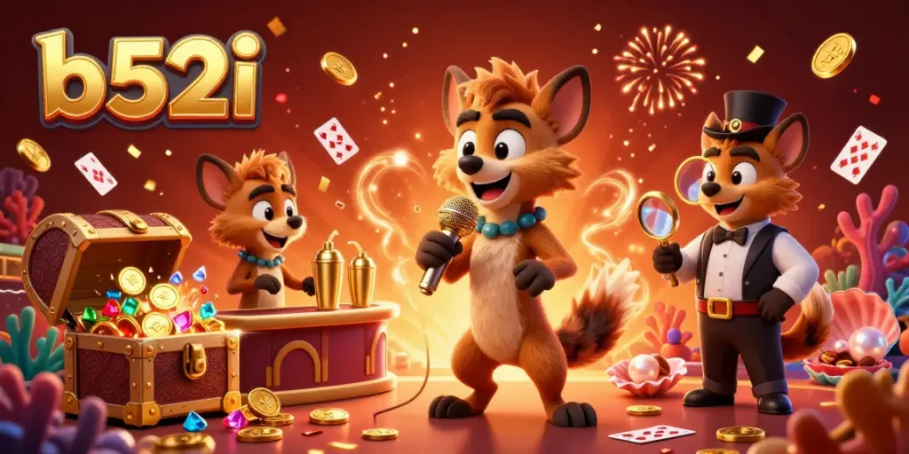 Engaging comedy casino scene featuring b52i-themed hyenas sharing laughs and mixing drinks.