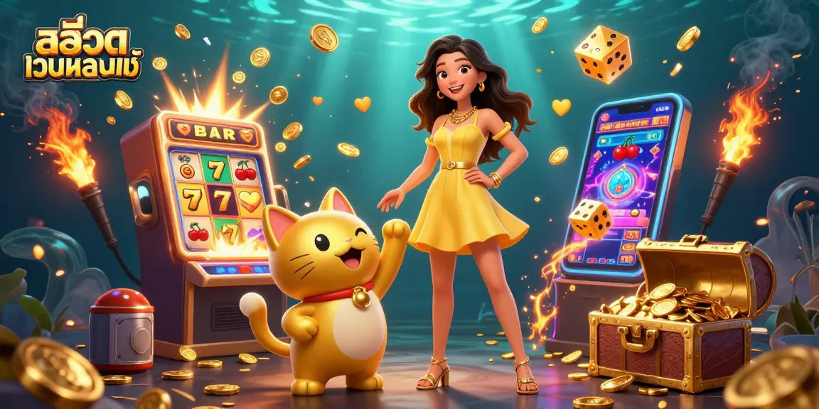 Experience สล็อตเว็บตรงแท้ with a joyful Asian woman and a golden lucky cat amidst a vibrant casino explosion.