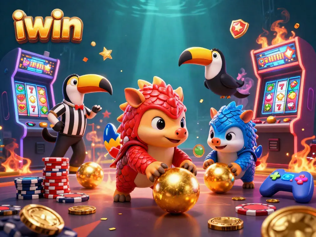 Catch the thrill of iwin casino with rival pangolins playing amidst golden poker chips and vivid gaming elements.