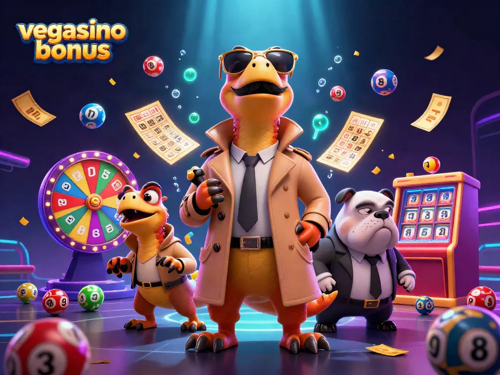 Experience the vegasino bonus with raptors sneaking into a casino, surrounded by dynamic gaming elements.