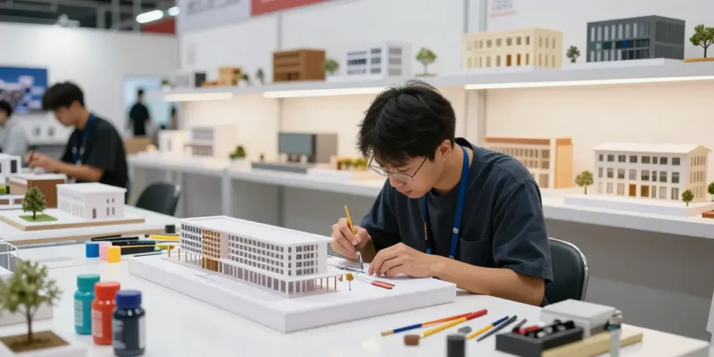 Detailreiche Modelle für Messen und Ausstellungen werden in einem hellen Werkstattbereich erstellt, der Handwerkskunst und Kreativität zeigt.